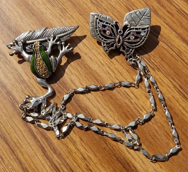 Ajmo Pewter Enamel Rhinestones Frog And Butterfly Sweater Dress Clip Brooch Pin