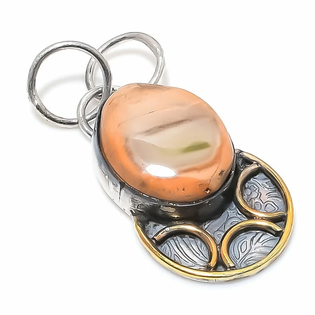 Imperial Jasper Ethnic 925 Sterling Silver Jewelry Two Tone Pendant 1.69"