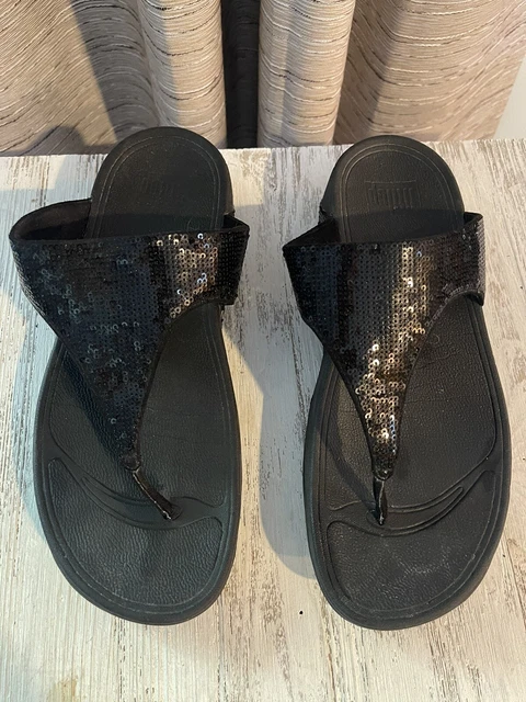 FitFlop Electra Sandals Toe Post Thong Black Sequin Slip On Womens Size 9