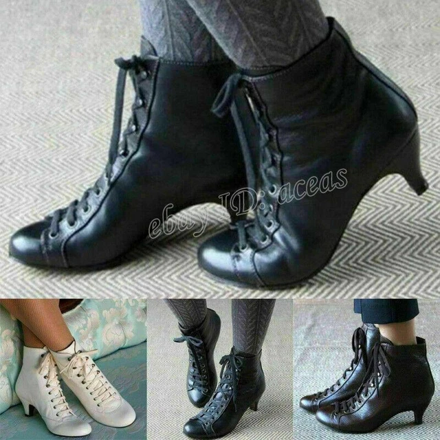 Women's Low Kitten Heel Ankle Boots Victorian Lace Up Leather Shoes Bootie
