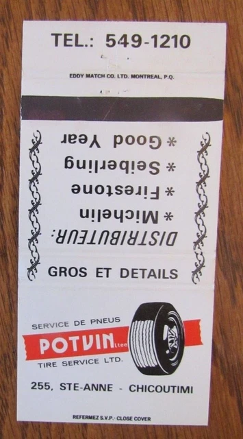 Tires Matchbook Cover: Pneus Potvin Chicoutimi, Quebec Empty Matchcover -D2