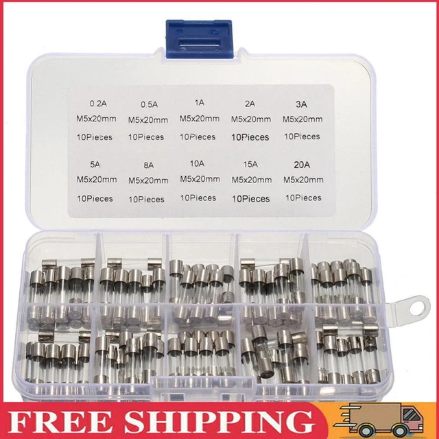 100 pz fusibili tubo di vetro per auto assortiti 10 tipi 0,2 A-20 A fusibile tubo di vetro fusibile fine