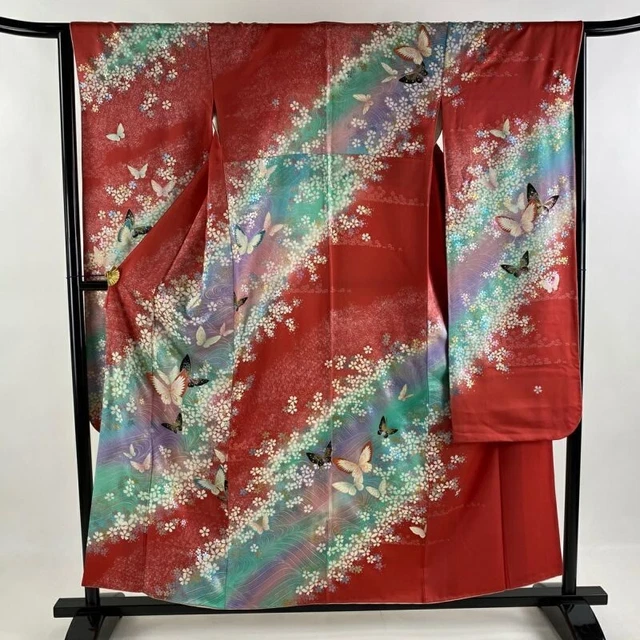 Japanese Kimono Furisode Pure Silk Cherry Blossom Butterfly Deep Pink
