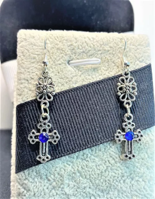 Rawson Original Christmas Silver Cross Dangle Earrings With A Blue Crystal