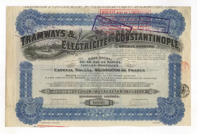 Straßenbahn KONSTANTINOPEL – Tramways de Constantinople – Aktie 250 Francs, 1921