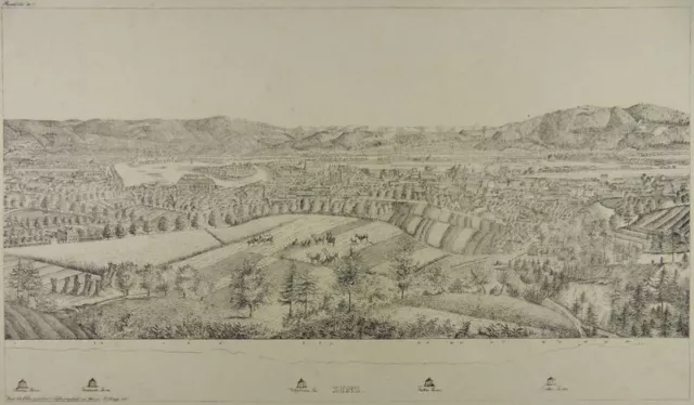 LINZ GESAMTANSICHT GROßE FEDER-LITHOGRAPHIE CLEMENS BESTÄNDIG 1837 K34