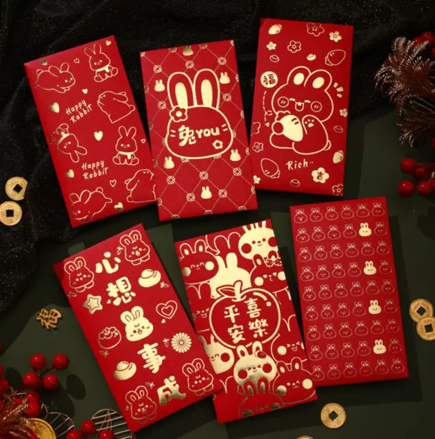 6Pcs/Set 2023 Chinese Rabbit Year Red Envelopes New Year Lucky Red Packet Bags✅