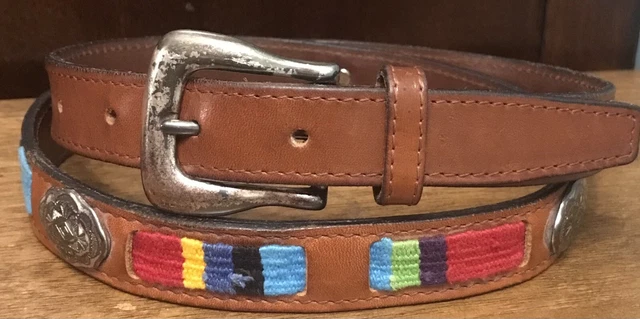 VTG Fossil Large Brown Serape Leather Belt Silver Conchos 7/8” Wide 40” Overall