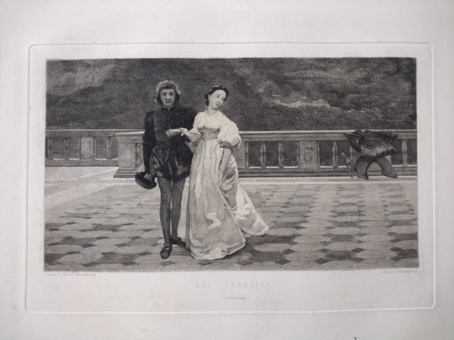 Domenico Morelli Lobrandi Sul terrazzo acquaforte 1870 innamorati lovers amanti