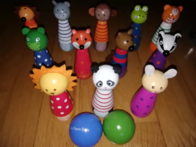 Fun Cute Elc Jojo Bebe Wooden Childs Animal Figures  Bowling Set Game Toy