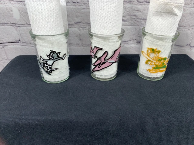 3 Vintage  Welch's Jelly Jar Glasses  Pterodactyl, Tom & Jerry