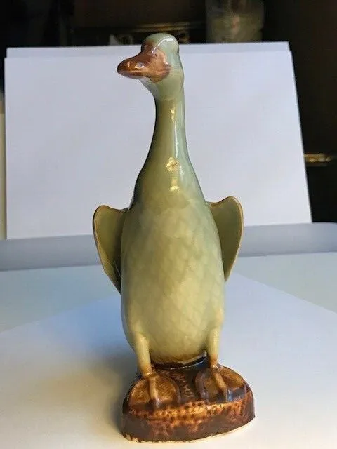Antique Chinese Celadon Light Green & Brown Glazed Porcelain Duck "CHINA"-Intact