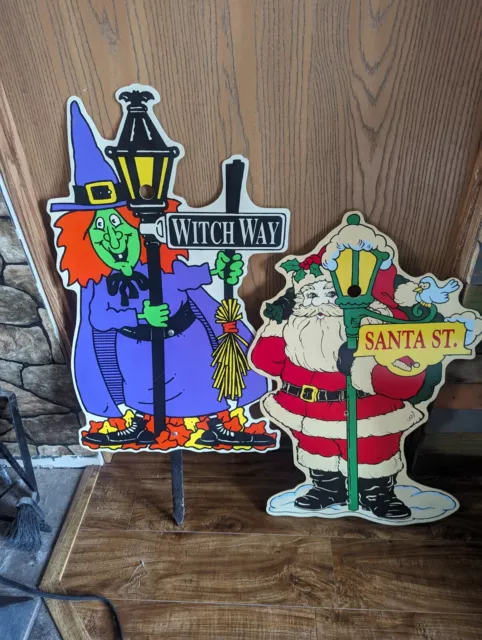 Vintage IMPACT PLASTICS Halloween Yard Decoration Sign Witch Way and Santa St