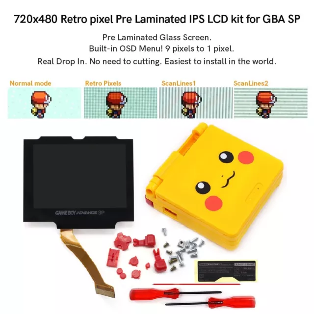 Pre-Laminated IPS Retro Pixel V5 Drop In 720x480 LCD+Pre-cut Shell For GBA SP
