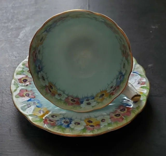 AYNSLEY Bone China Robin Egg Blue Anemones Footed Teacup and Saucer #765788 3