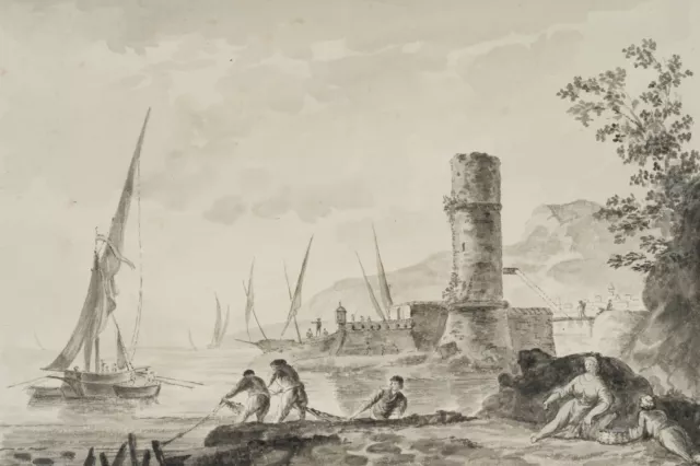 K. HOOG (19.Jhd), Geschäftiger Hafen,  1841, Pinselzeichnung Realismus Fischen