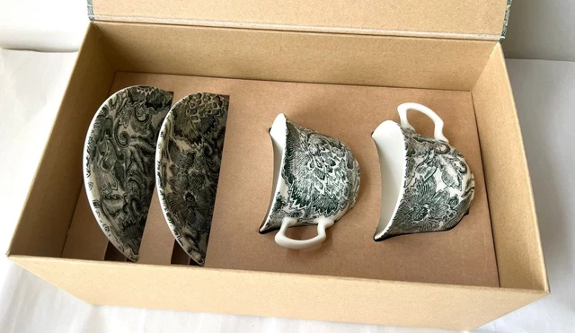Ralph Lauren x Burleigh Faded Peony Green - 2 Teetassen & Untertassen in Geschenkbox. Neu