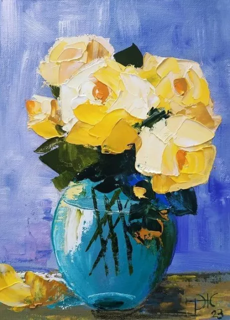 Yellow Roses Bouquet Painting Original Artwork Floral Art Impasto Oil Art 9х7"