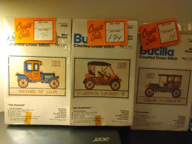 Lot Of (3) Bucilla Counted Cross Stitch Car Kits 7" X 5" Mini Picture