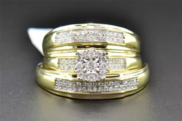 Diamond Trio Set His Hers Matching Engagement Ring Wedding Band 10K Yellow Gold