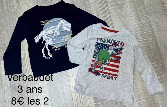 VERBAUDET 3 Ans Garçon : Lot 2 t shirts coton été dinosaures