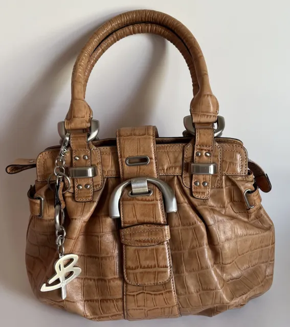 B Makowsky Tan/Camel/ Brown Croc Embossed Leather Shoulder Handbag Pre-owned