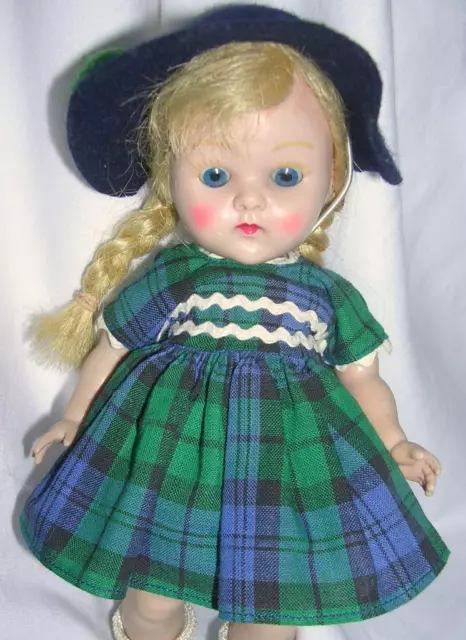 Vintage Vogue Ginny Strung Doll Wearing Tagged Tiny Miss Green Plaid Dress #6040