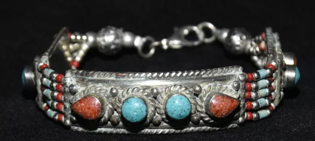 7''Old Tibetan Silver Inlay Turquoise Coral Jewelry Bracelet Bracelets