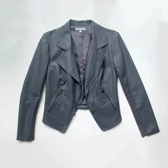 Jennifer Lopez Vegan Faux Leather Jacket Grey XS Zip Pockets JLo Coat Moto Biker