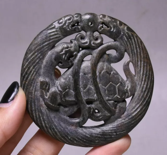 6.5cm China Old Jade Carving 2 Long Dragon Turtle Tortoise Amulet Pendant