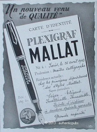 Publicite Mallat Plexigraf Stylo Plume Carte D'identite De 1943 French Ad Pen
