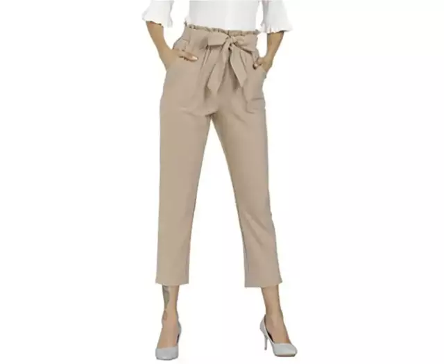 Womens Casual Loose Paper Bag Waist Long Pants with Bow Tie Belt Pockets-Khaki