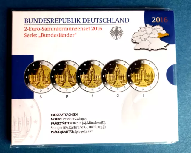 BRD 2 Euro Gedenkmünzen-Set 2016 Bundesländer Freistaat Sachsen   OVP neu