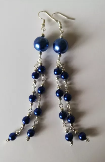 Extra Long Drop / Dangle Navy Blue Glass Pearl Tassel Earrings - Silver Plated