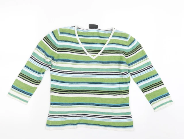 Alex & Co. Womens Green V-Neck Striped Viscose Pullover Jumper Size 10