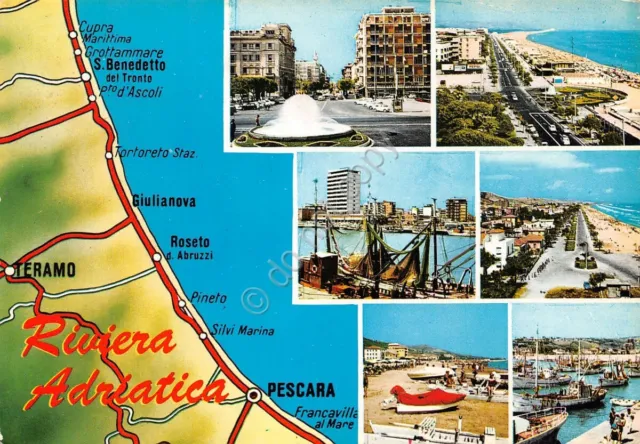 Cartolina Riviera Adriatica vedute varie località e mappa 1972 (Pescara)