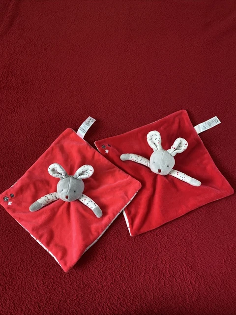 🇫🇷Lot De 2 Doudous Plat Souris Lapin Gris Rouge Blanc Étoiles OBAIBI NEUFS