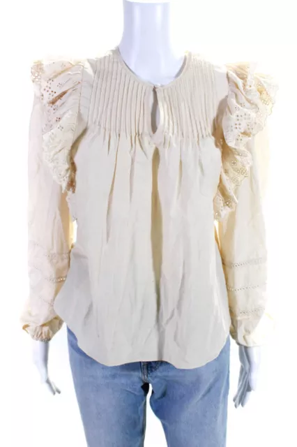 The Westside Womens Cotton Buttoned V-Neck Pleated Ruffled Blouse Beige Size XS