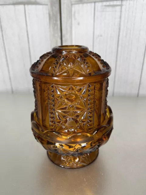 Vintage Indiana Amber Glass Fairy Lamp Stars Bars Pattern