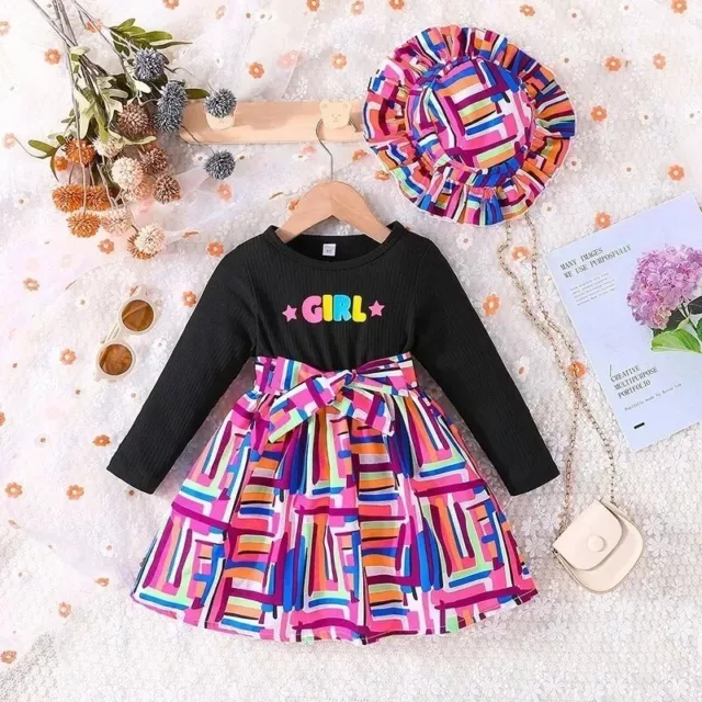 Robe rayée à manches longues pour enfants, robe formelle avec chapeaux