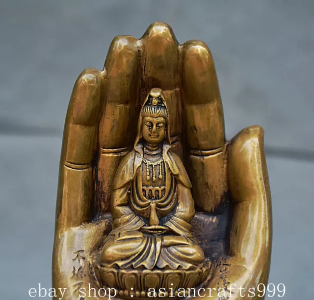 6.8" Alte Chinese Messing Kwan-yin Guan Yin Göttin Buddha Hand Statue Skulptur- 2