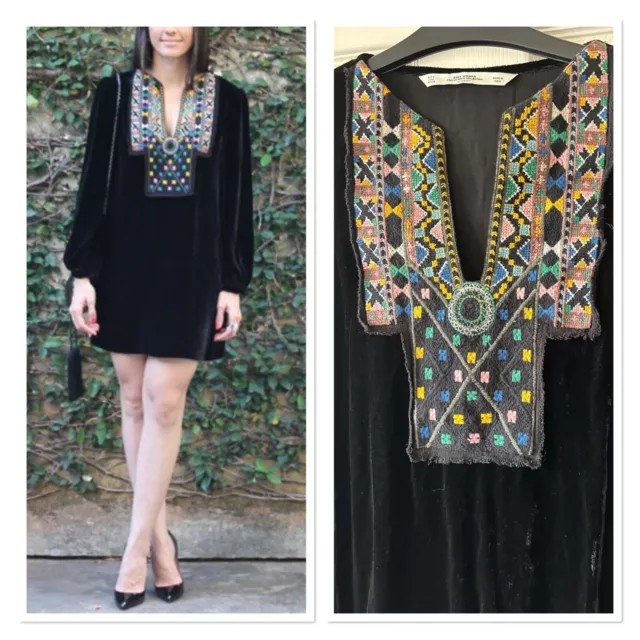 WornOnce Mulberry Silk Blend Velvet ZARA Embroidered Boho Tunic Dress/Top S 8/10