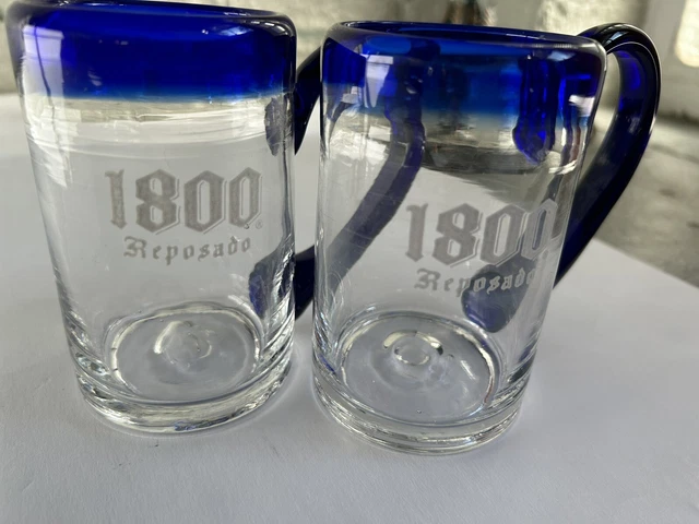 1800 Reposado Tequila Blue Blown Glass  Shot 4 1/2 In Set Of 2.