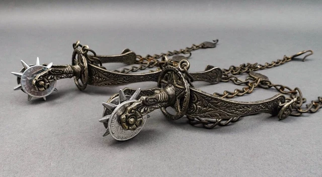Vintage Pair Of Argentina Gaucho Spurs Cowboy 9 Point Coin Rowels With Chains