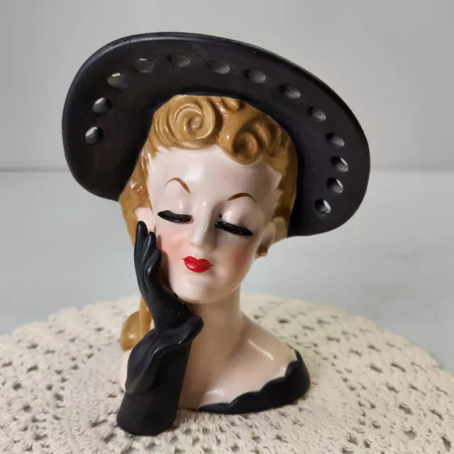 Vtg Napco Lady Head Vase C569/MB Black Hat Gloves 1959 Red Lipstick Pearls