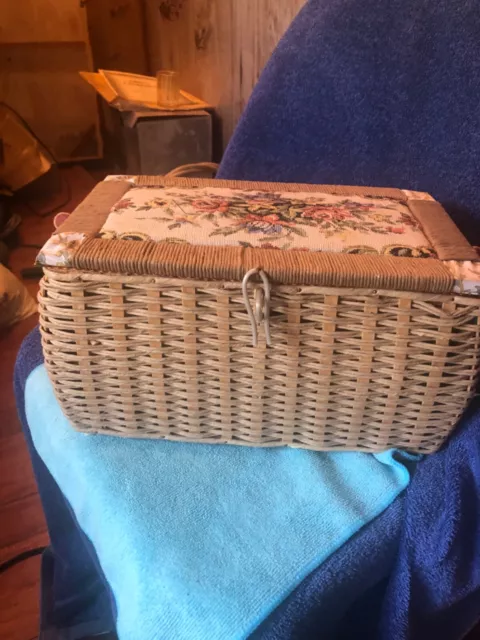 Vintage Large Woven Wicker Sewing Basket Box Tapestry Floral