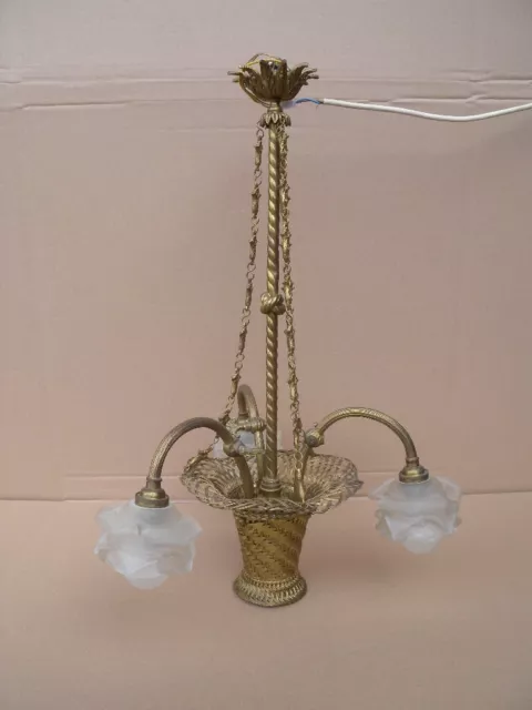 Jugendstil Deckenlampe Frankreich um 1900 Korb Bronze Messing Lampe antik