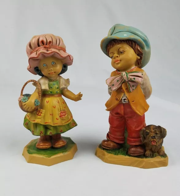 Vintage Italie Moulé Plastique Figurine Pays Garçon Chien Fille Home Decor