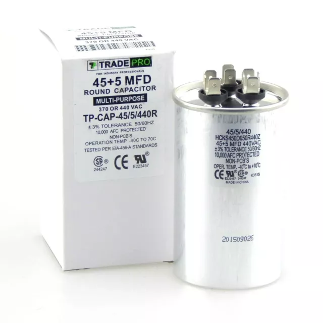 45+5 MFD 440 Volt Round Run Capacitor - TRADEPRO - TP-CAP-45/5/440R New HVAC Cap
