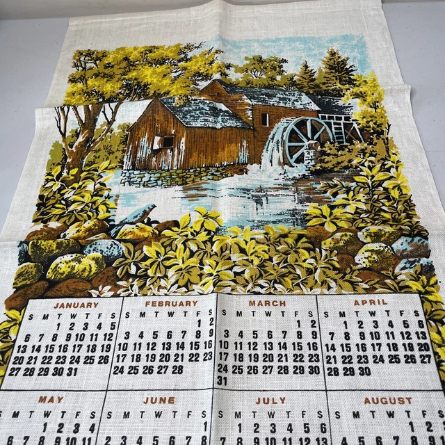 VINTAGE YEAR CALENDAR Linen Tea Towel 1974 Covered Mill Water Wheel